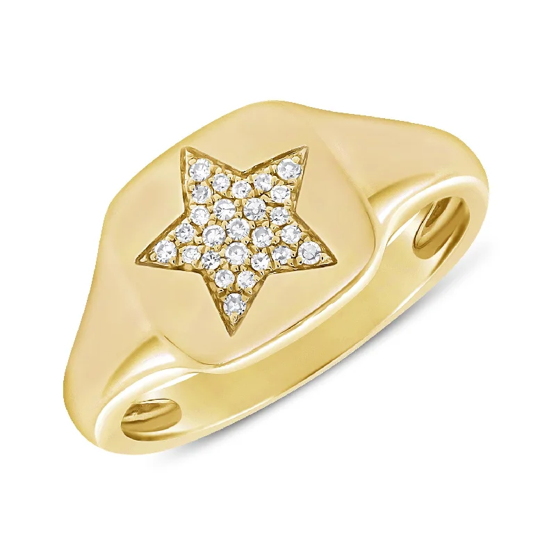 Secure rings with set stones for lasting wear -Diamond Signet Pinky Ring set in 14kt Yellow Gold with Round Brilliant Diamonds with Star Design