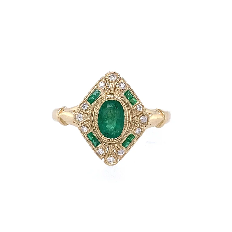 Luxe rings showcasing dazzling large gemstone features -14K Yellow Gold Vintage Inspired Emerald and Diamond Ring