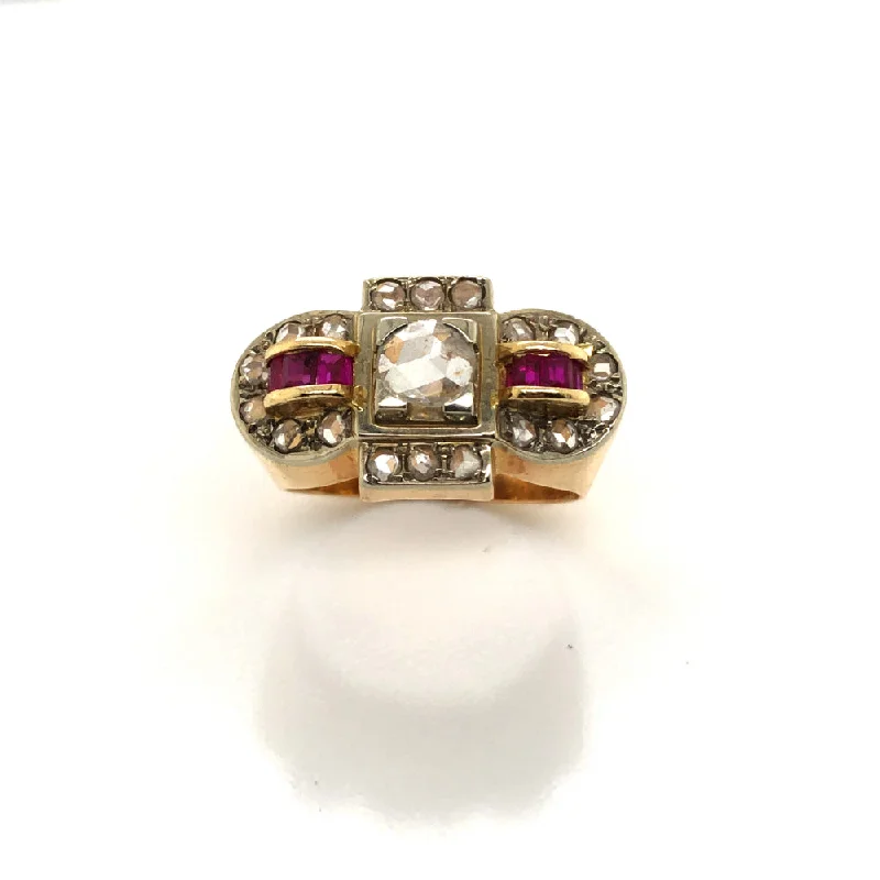 Colorful rings with multicolor stones for finger vibrancy -Estate Jewelry 18k Yellow Gold Retro Diamond Ruby Ring