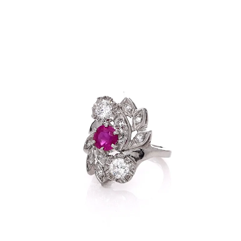 Rings perfect for gifting with brilliant stone shine -Estate 14 Karat White Gold Ruby & Diamond Cocktail Ring