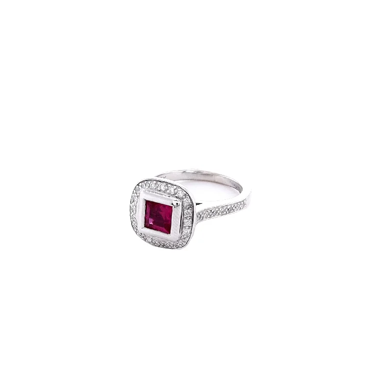 Curved rings perfect for matching with other bands -Estate 14k White Gold Square Ruby and Diamond Ring