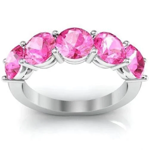 Twisted rings with woven bands for artistic beauty -3.00cttw Shared Prong Pink Sapphire Five Stone Ring