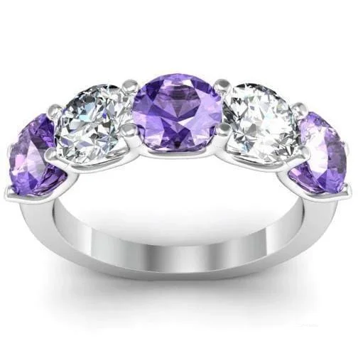 Rings inspired by waves with flowing stone designs -3.00cttw U Prong Diamond and Amethyst five Stone Ring