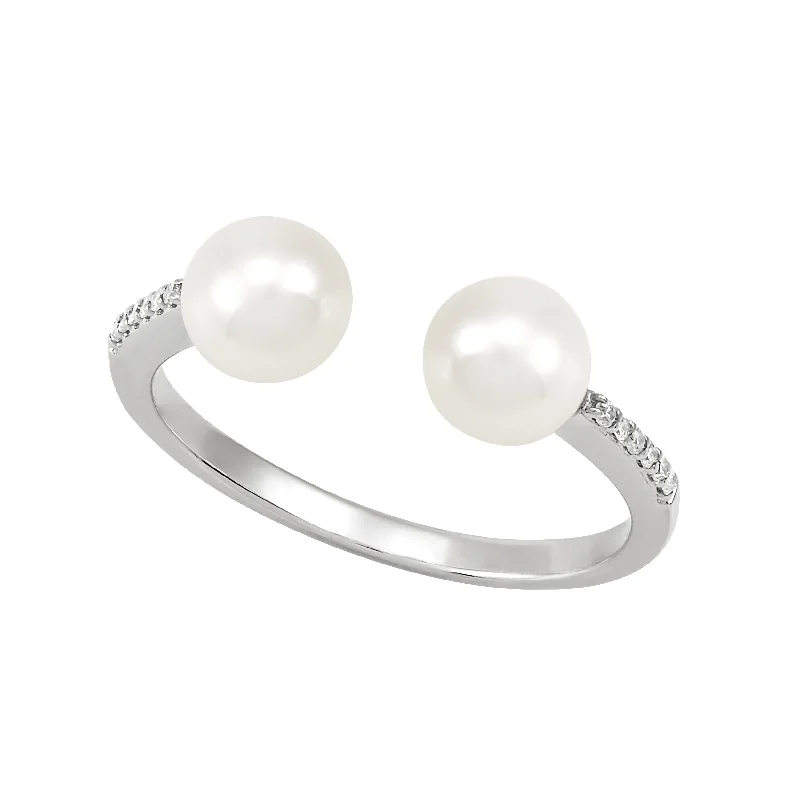 Drop rings with long gemstone finger elegance -14K White Gold Pearl and Diamond Ring