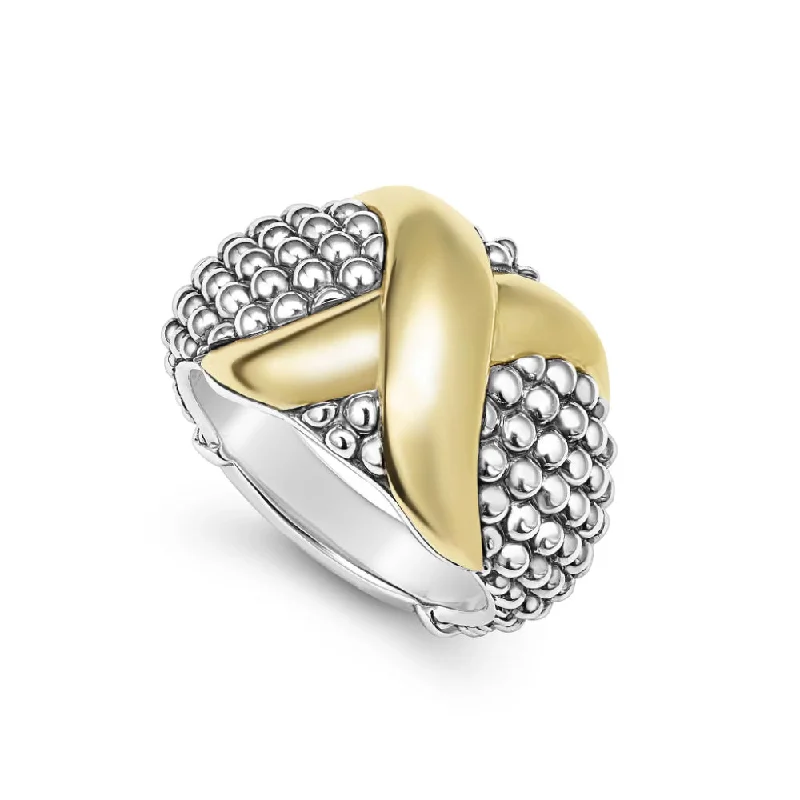 Trendy rings with modern designs for youthful flair -Lagos Embrace Two-Tone X Caviar Dome Ring