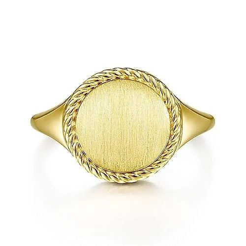 Rings featuring citrine for golden finger radiance -14K Yellow Gold Round Signet Ring with Twisted Rope Frame