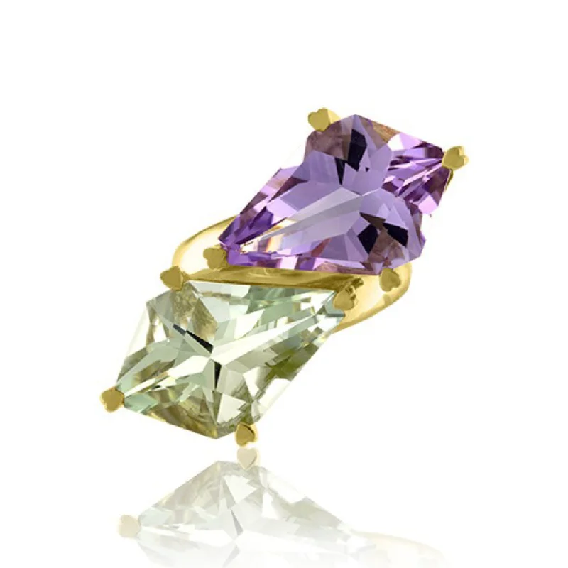 Rings made with lab-grown stones for ethical charm -Lisa Nik 18k Gold Green Quartz & Amethyst Bypass Ring