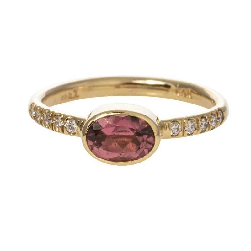 Rings inspired by flora with gemstone flower details -Mazza Oval Pink Tourmaline & Diamond 14K Yellow Gold Ring