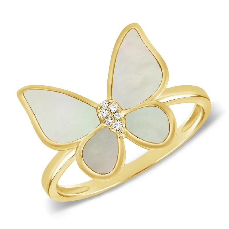 Sculpted rings with carved bands for finger art -Mother of Pearl & Diamond Butterfly Ring