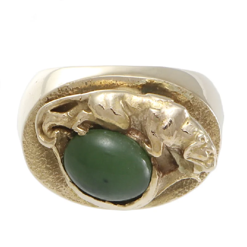 Curved rings perfect for matching with other bands -Nephrite Green Panther Ring 14k Yellow Gold Hammered Vintage Jaguar Cocktail