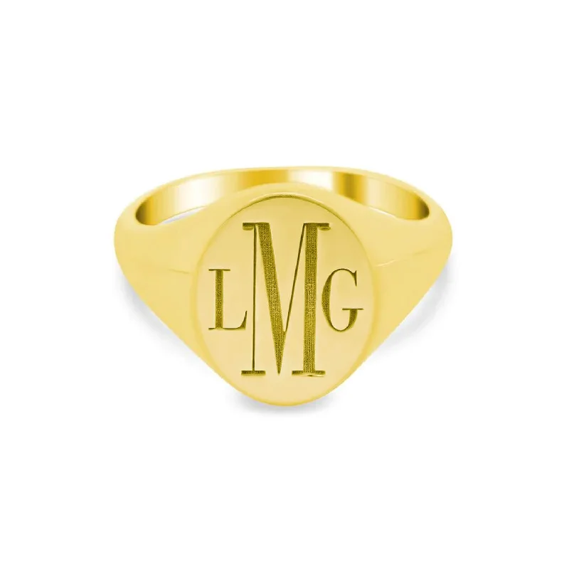 Rings great for events with special stone accents -Oval Bodoni Three Letter Monogram Women's Signet Ring