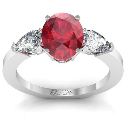 Mixed rings with dual metals for finger flair -Oval Ruby Three Stone Engagement Ring