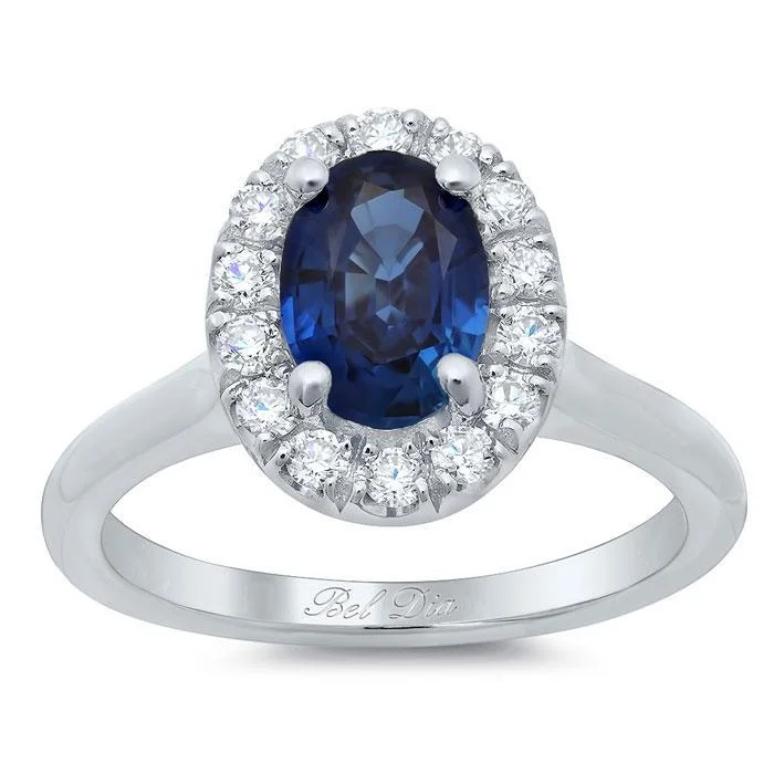 Rings perfect for kids with colorful stone accents -Oval Sapphire Halo Engagement Ring with Plain Band