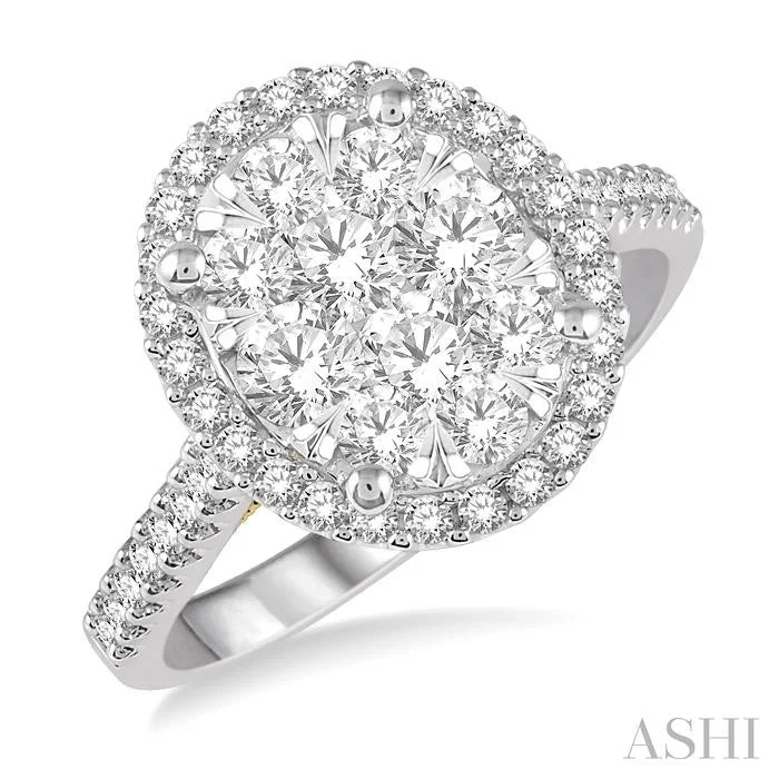 Mixed rings with dual metals for finger flair -OVAL SHAPE HALO LOVEBRIGHT ESSENTIAL DIAMOND ENGAGEMENT RING