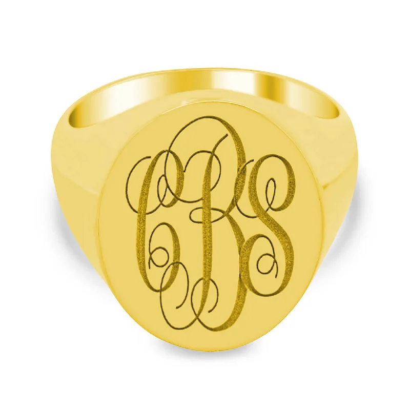 Mixed rings with dual metals for finger flair -Men's Oval Signet Ring - Large - Laser Engraved Script Monogram