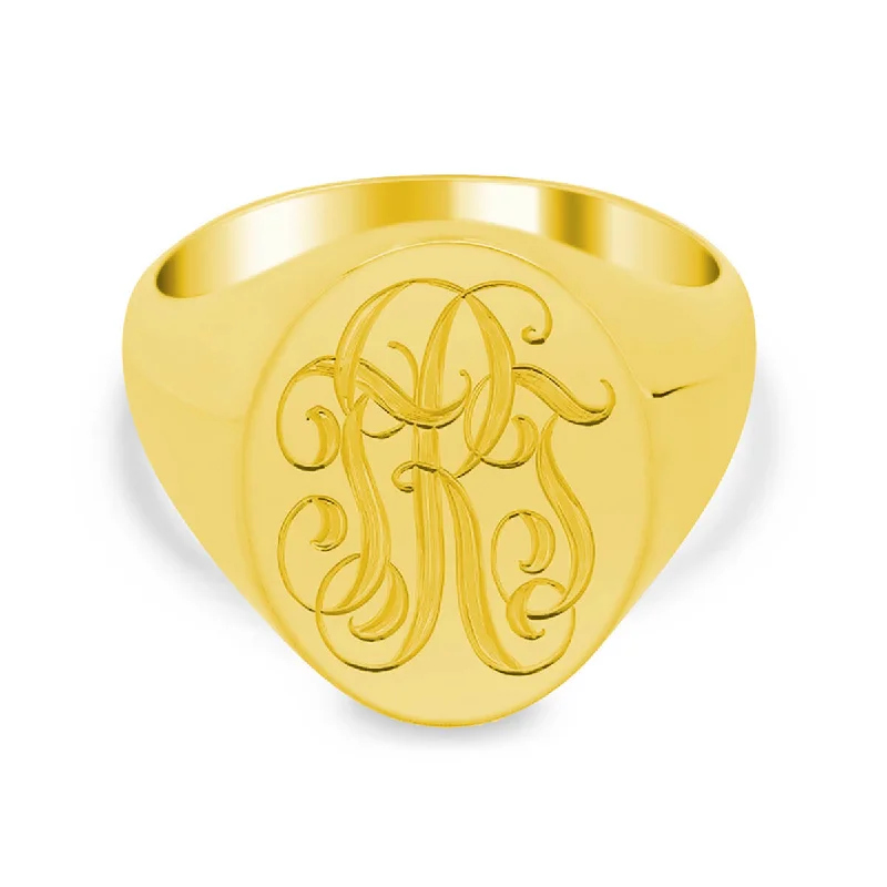 Rings with thin bands for light finger wear -Men's Oval Signet Ring - Medium - Hand Engraved Script Monogram