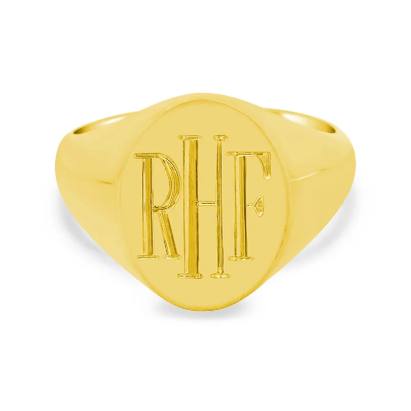 Retro rings with detailed bands for nostalgic appeal -Men's Oval Signet Ring - Small - Hand Engraved Roman Monogram