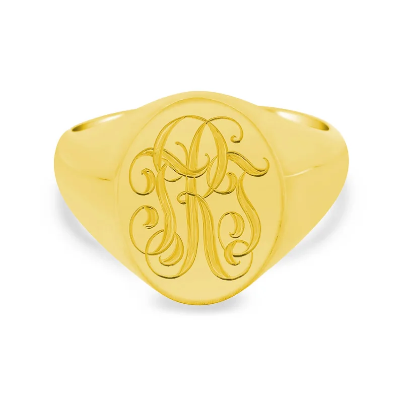 Rings perfect for holidays with festive stone charm -Men's Oval Signet Ring - Small - Hand Engraved Script Monogram