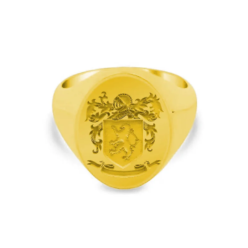 Gold rings adding bright shine to your fingers -Women's Oval Signet Ring - Extra Large - Laser Engraved Family Crest / Logo