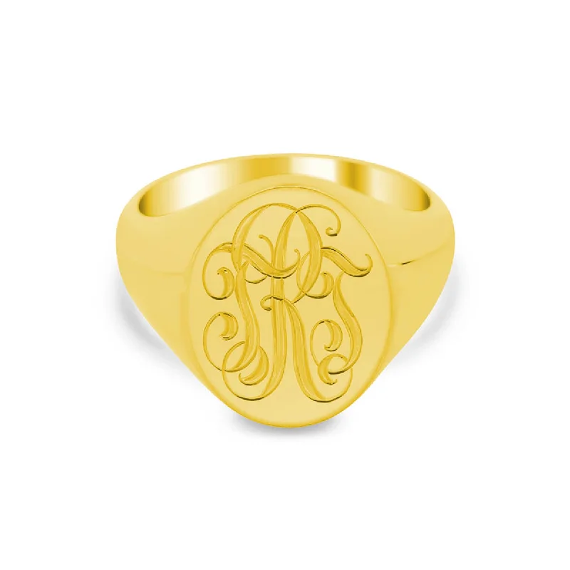 Rings inspired by stars with gemstone finger shine -Women's Oval Signet Ring - Large - Hand Engraved Script Monogram