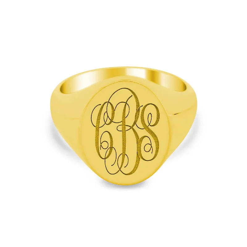 Sculpted rings with carved bands for finger art -Women's Oval Signet Ring - Large - Laser Engraved Script Monogram