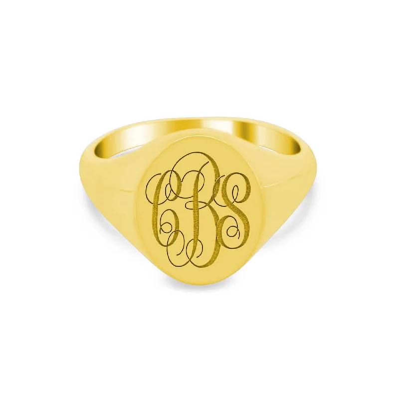 Sleek rings with floating stones for modern flair -Women's Oval Signet Ring - Medium - Laser Engraved Script Monogram