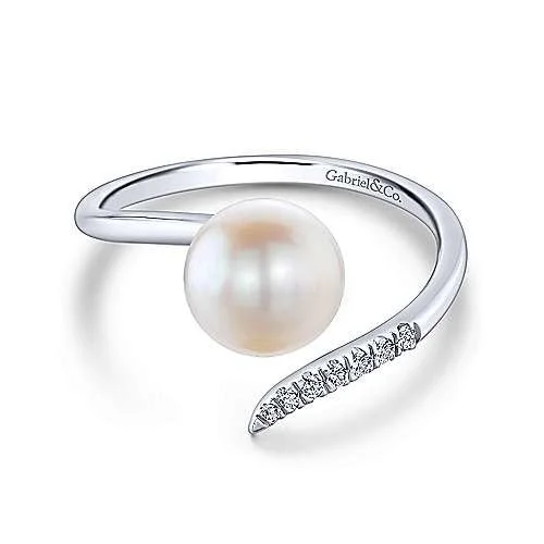 Fringe rings with stone drops for finger play -14K White Gold Cultured Pearl and Diamond Open Wrap Ring