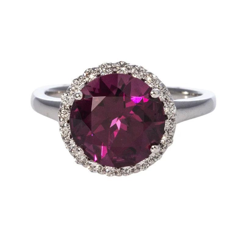 Large rings designed for striking finger presence -4.5ctw Rhodolite Garnet & Diamond Halo 14K White Gold Ring