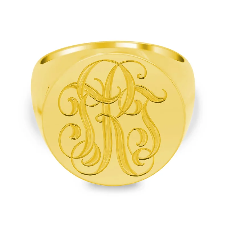 Vermeil rings with golden gemstone finger brilliance -Men's Round Signet Ring - Extra Large - Hand Engraved Script Monogram