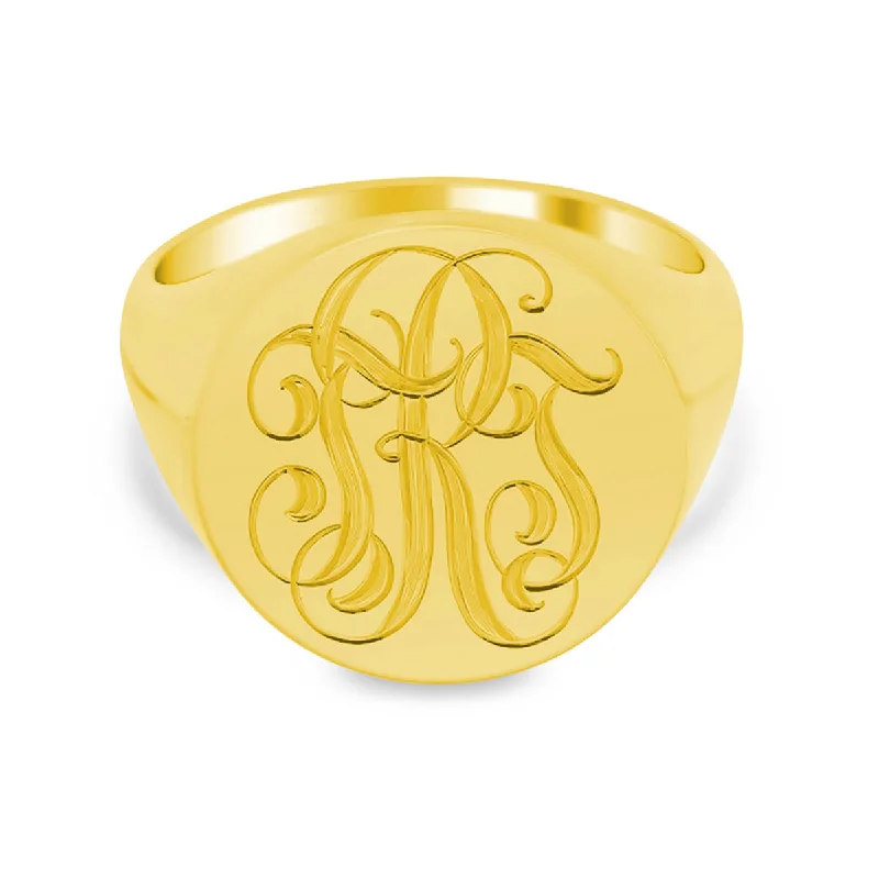 Tribal rings with ethnic stone finger patterns -Men's Round Signet Ring - Large - Hand Engraved Script Monogram