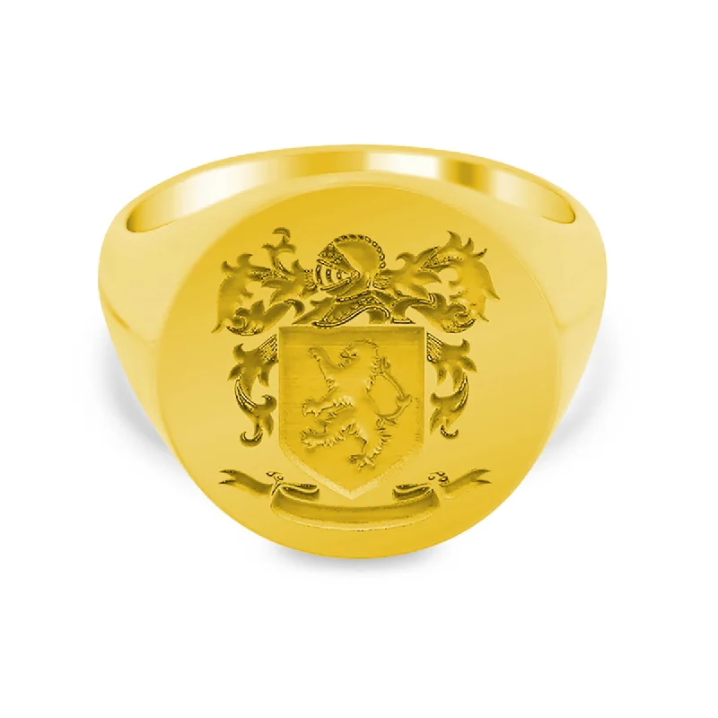 Rings featuring citrine for golden finger radiance -Men's Round Signet Ring - Large - Laser Engraved Family Crest / Logo