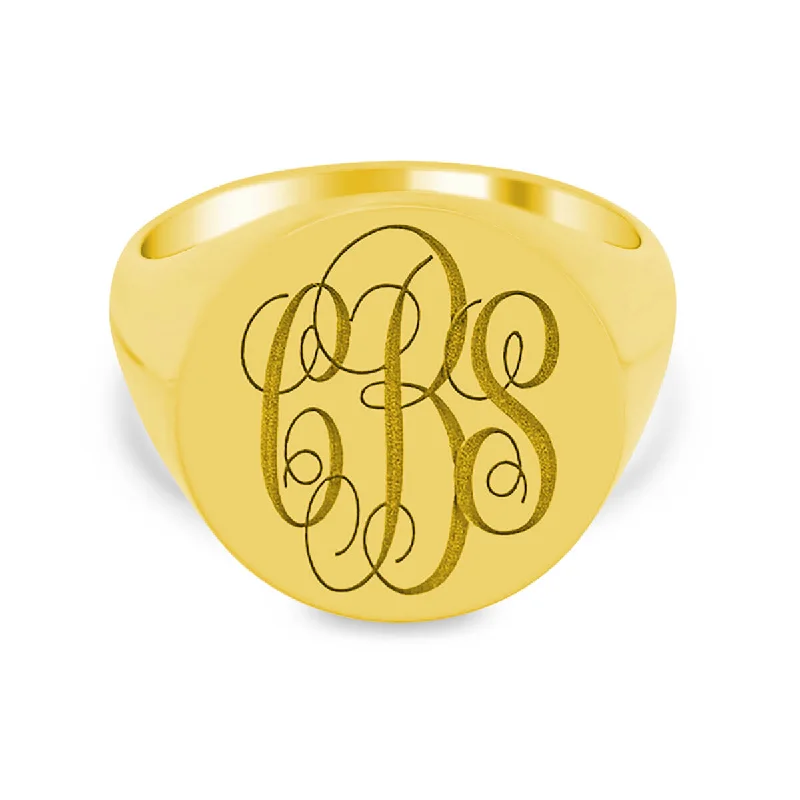 Open rings with airy bands for finger style -Men's Round Signet Ring - Large - Laser Engraved Script Monogram