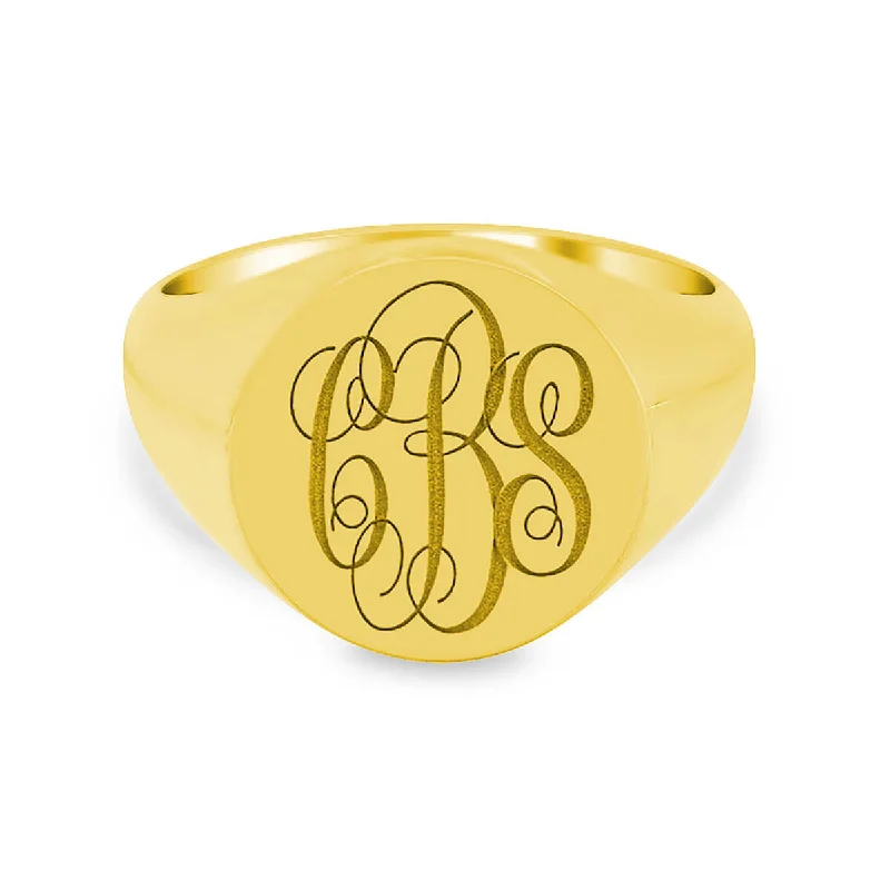 Rings featuring black diamonds for edgy finger shine -Men's Round Signet Ring - Medium - Laser Engraved Script Monogram