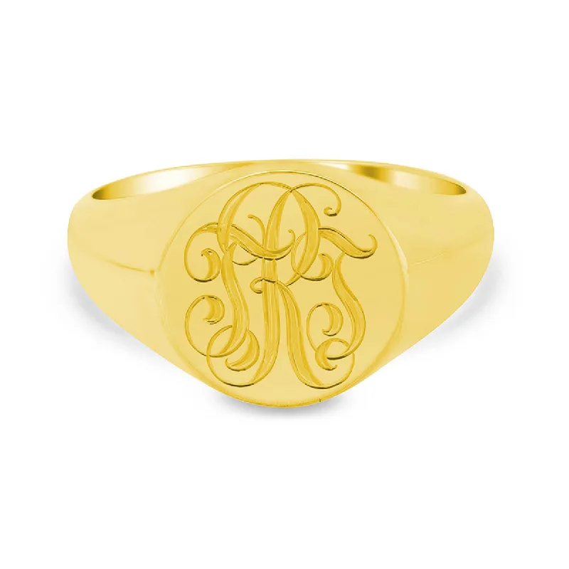 Rings perfect for teens with trendy stone designs -Men's Round Signet Ring - Small - Hand Engraved Script Monogram