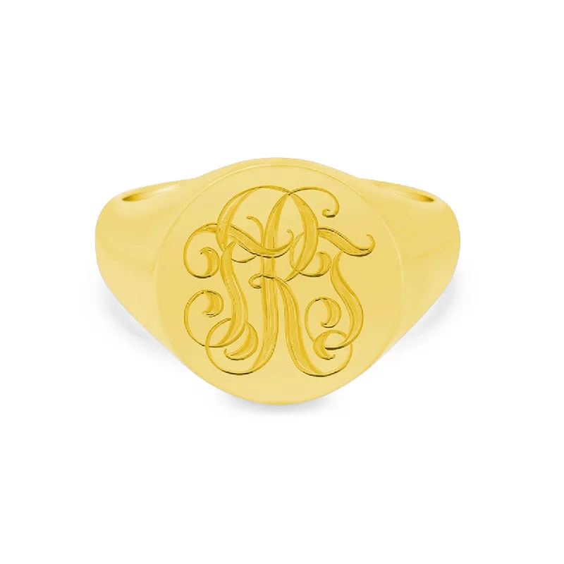 Quirky rings with offbeat stone finger designs -Women's Round Signet Ring - Extra Large - Hand Engraved Script Monogram