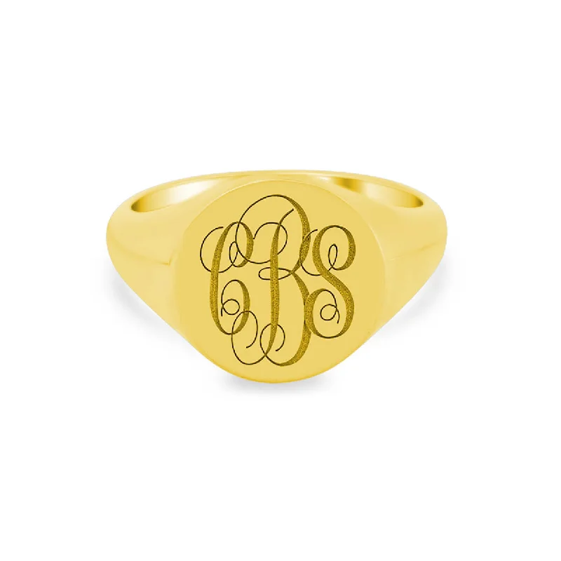 Mixed rings with dual metals for finger flair -Women's Round Signet Ring - Large - Laser Engraved Script Monogram