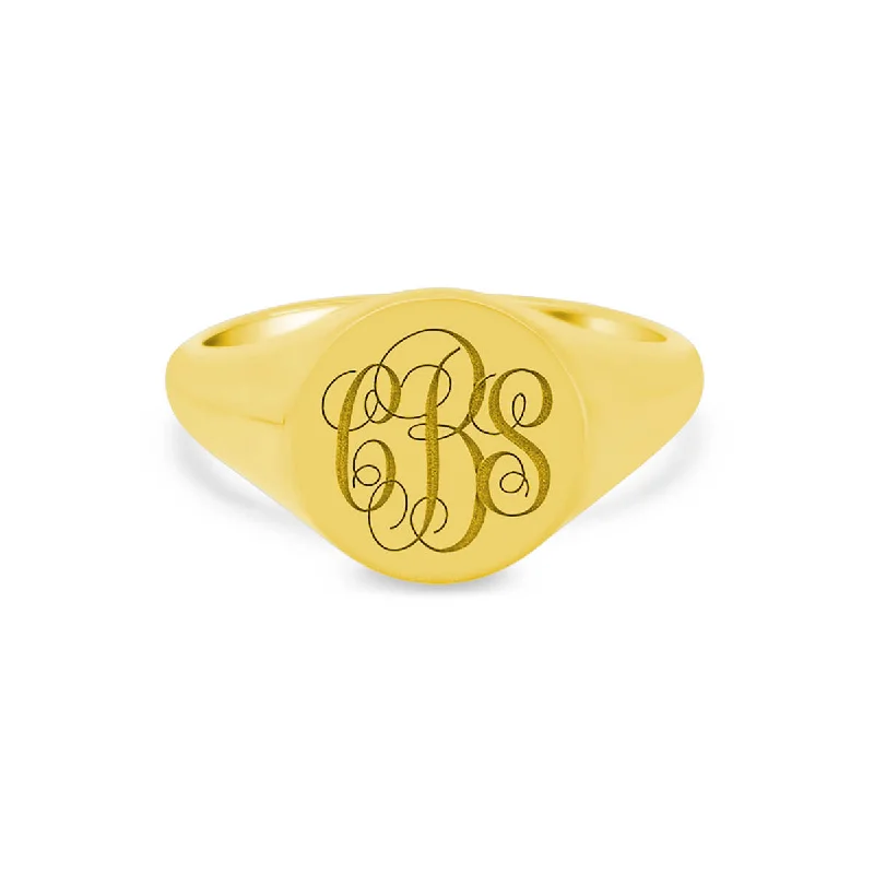 Rings featuring hematite for dark gemstone finger glow -Women's Round Signet Ring - Medium - Laser Engraved Script Monogram