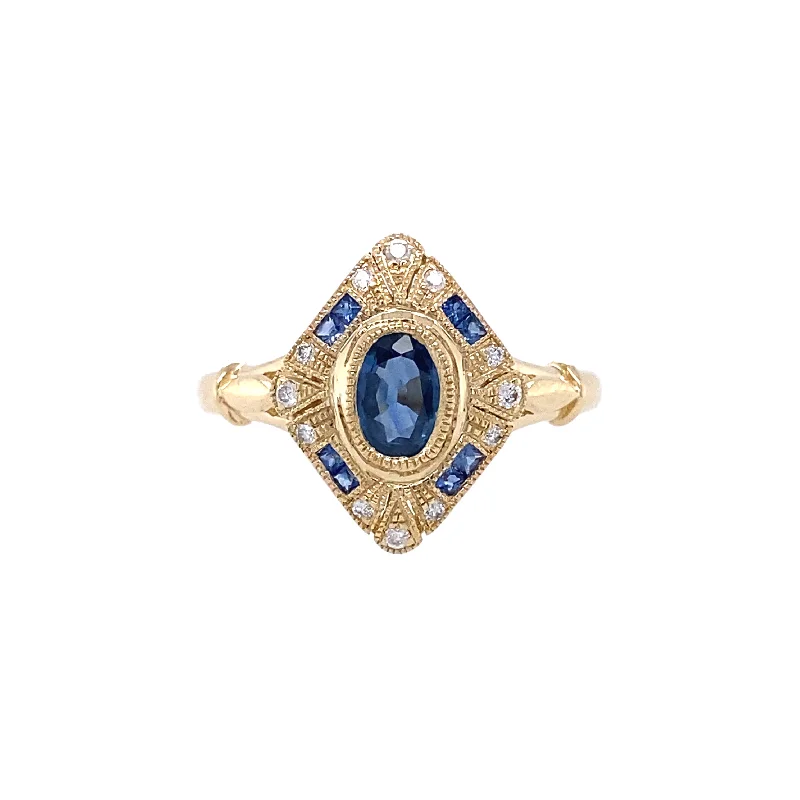 Rings inspired by waves with flowing stone designs -14K Yellow Gold Vintage Inspired Sapphire and Diamond Ring