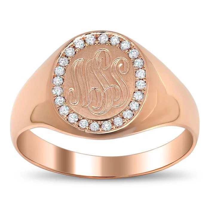 Crisp rings with modern shapes for finger chic -Signet Ring with Pave Set Diamond Rim