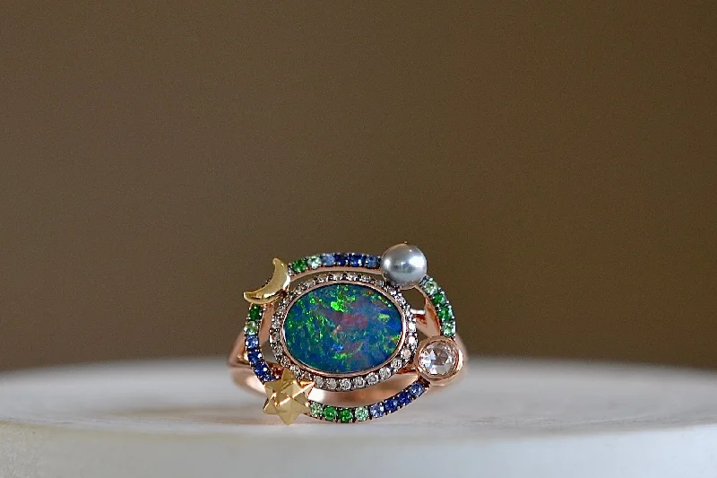 Rose gold rings for warm shimmering finger charm -Small Galaxy Opal Ring