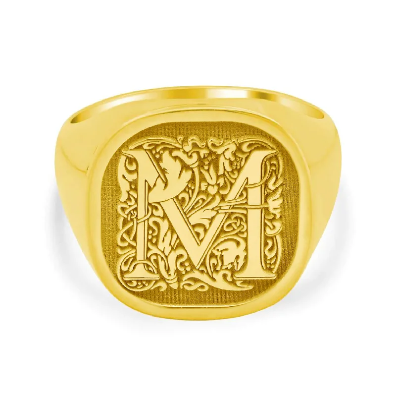 Rings inspired by flora with gemstone flower details -Square Flourish Initial Monogram Men's Square Signet Ring