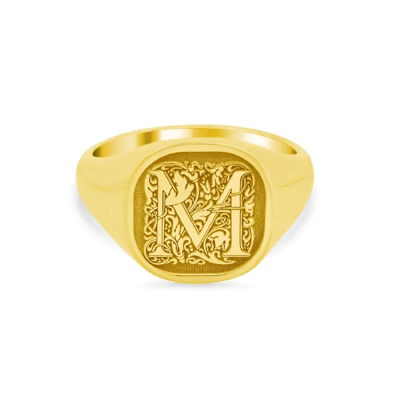 Rings with pave gemstones for extra finger sparkle -Square Flourish Initial Monogram Women's Square Signet Ring