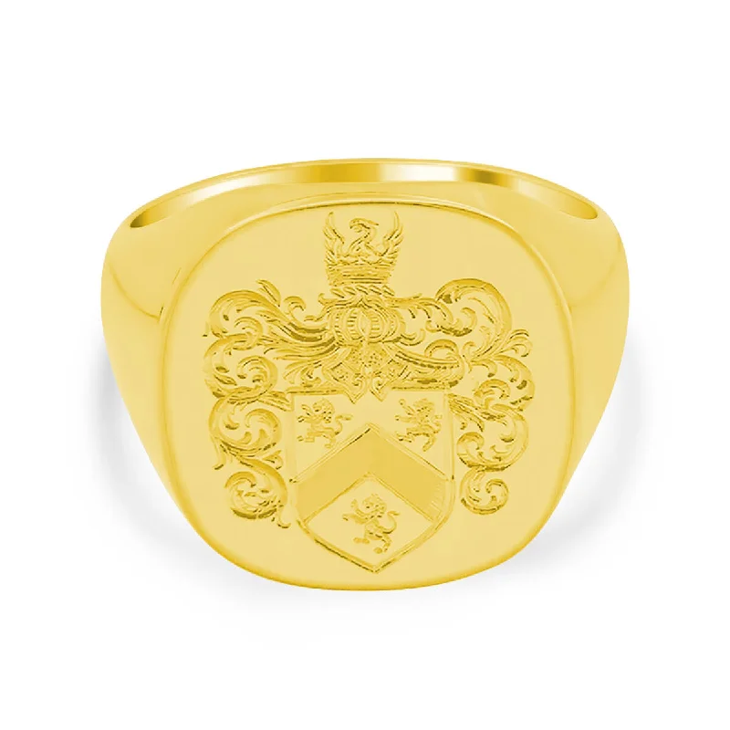 Rings featuring peridot for fresh green finger glow -Men's Square Signet Ring - Large - Hand Engraved Family Crest / Logo