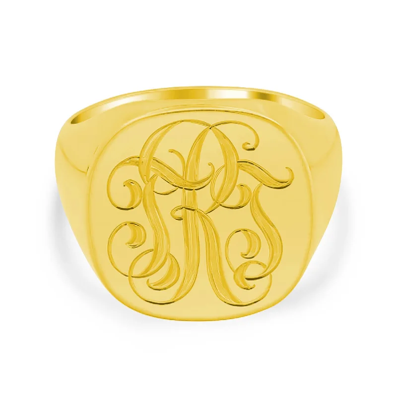 Bold rings with striking shapes for finger flair -Men's Square Signet Ring - Large - Hand Engraved Script Monogram