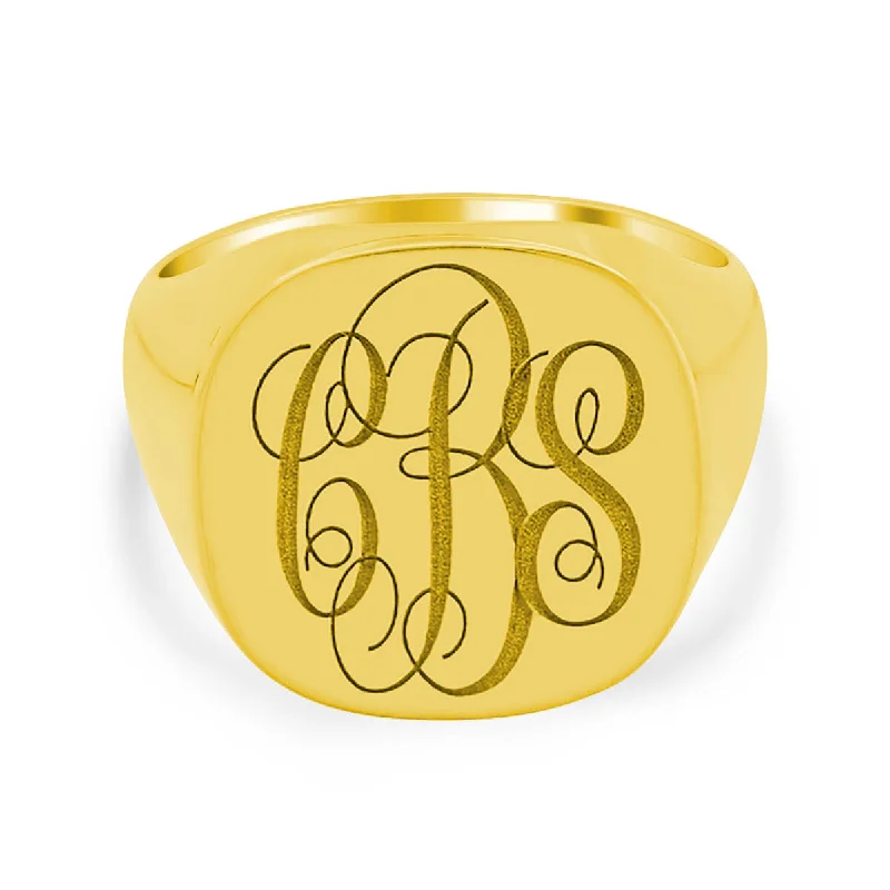 Slim rings for stackable finger fashion combinations -Men's Square Signet Ring - Large - Laser Engraved Script Monogram