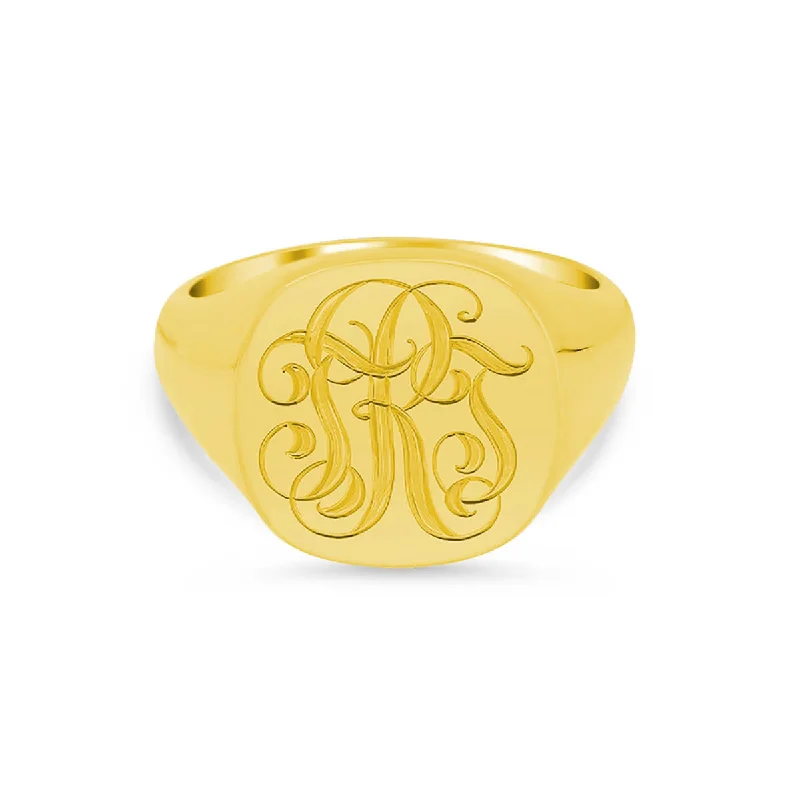 Sleek rings ideal for subtle daily finger elegance -Women's Square Signet Ring - Extra Large - Hand Engraved Script Monogram