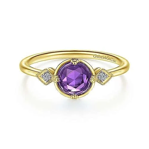 Rings featuring rose quartz for gentle pink shine -14K Yellow Gold Three Stone Amethyst and Diamond Ring