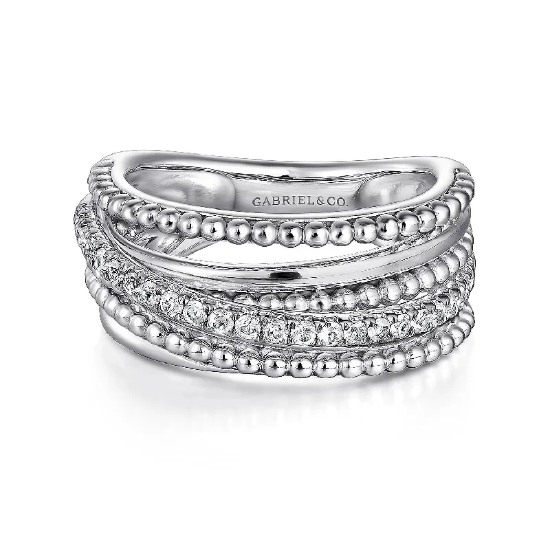 Matte rings with smooth finishes for subtle elegance -Sterling Silver Layered Bujukan Beaded White Sapphire Ring