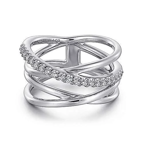 Glamorous rings perfect for dazzling evening finger wear -Sterling Silver Intersecting Ring with White Sapphire Center