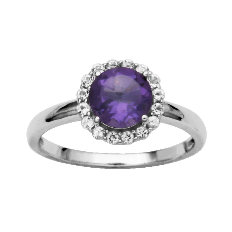 Rings made with eco-conscious stones for sustainability -Sterling Silver African Amethyst & White Topaz Halo Ring by Samuel B.